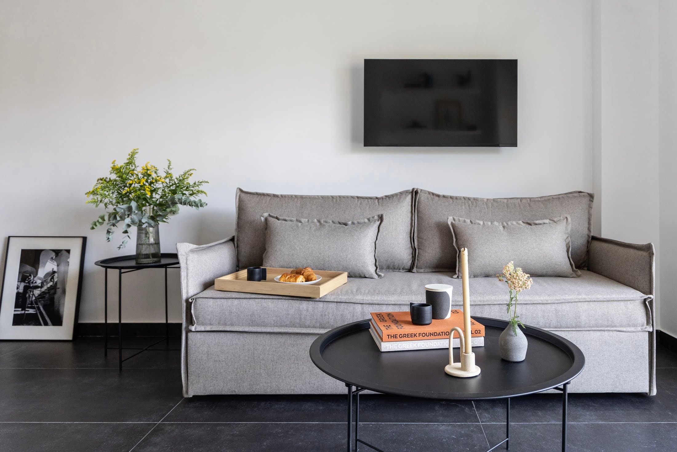 Contemporary living room with a grey sofa